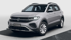 Volkswagen T-Cross cinza estacionado em estúdio, exibindo o design frontal e lateral com iluminação neutra
