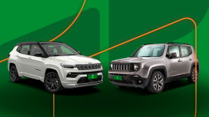 Jeep Compass e Jeep Renegade posicionados frente a frente, com fundo nas cores da Localiza Seminovos destacando os SUVs da marca.