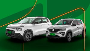 Renault Kwid e Citroën C3 lado a lado, em destaque com fundo nas cores da Localiza Seminovos, mostrando os dois hatches compactos.
