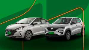 Hyundai HB20 e Renault Kwid lado a lado nas cores da Localiza Seminovos, em comparação de hatches compactos.