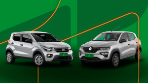 Mobi e Kwid cinza lado a lado, com fundo de montagem da Localiza Seminovos em destaque.