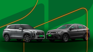 Volkswagen Nivus e Hyundai Creta frente a frente, fundo verde e alaranjado da Localiza Seminovos