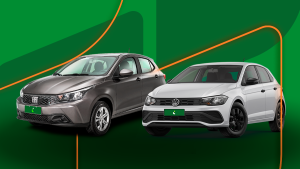Volkswagen Polo cinza e Fiat Argo branco lado a lado, com fundo nas cores da Localiza Seminovos destacando os dois hatches compactos.