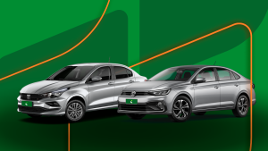 Virtus e Cronos cinza lado a lado, com fundo de montagem Localiza Seminovos destacando as duas versões.