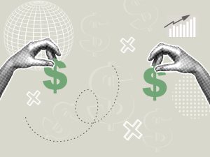 Trendy halftone collage of business concept. Vector illustration of financial profit, savings, finance, banks, sales.