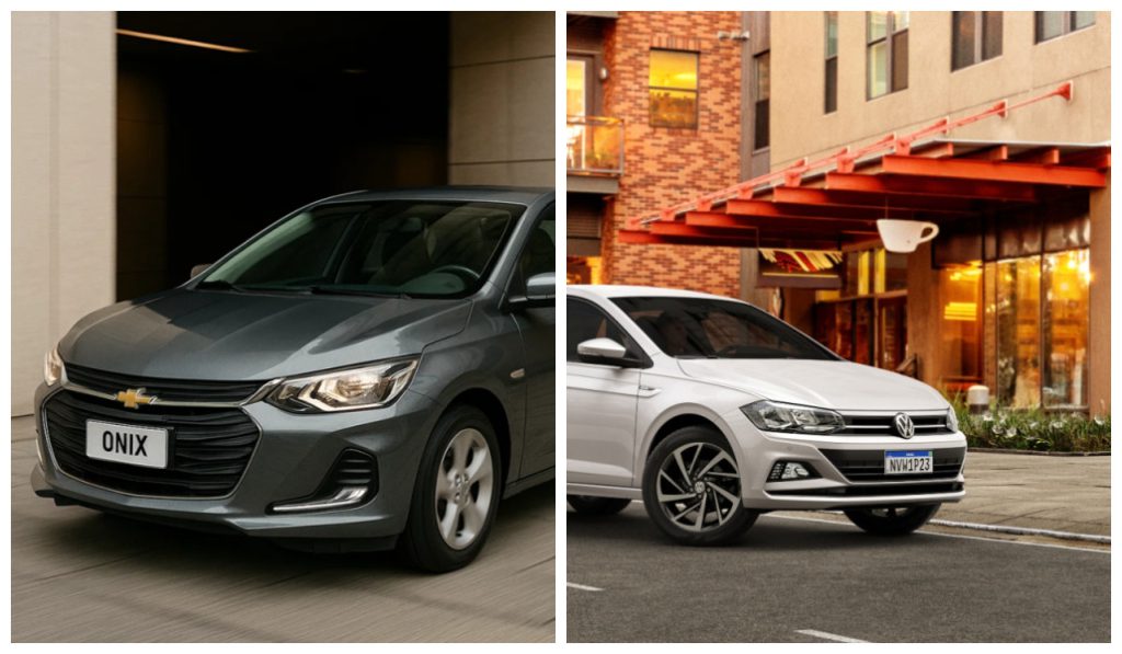Chevrolet Onix e Volkswagen Polo lado a lado, destacando o design moderno e as diferenças visuais entre os dois hatches compactos