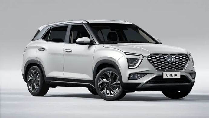 Vista frontal do Hyundai Creta em estúdio, destacando grade dianteira e faróis modernos.