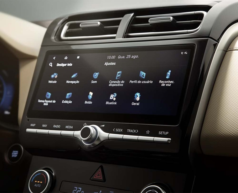 Central multimídia do Hyundai Creta seminovo em destaque, com tela sensível ao toque e conectividade moderna.