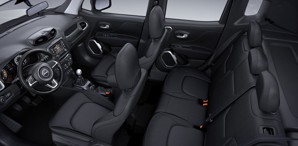 Interior do Jeep Renegade seminovo visto de cima, mostrando painel frontal e bancos traseiros em destaque.