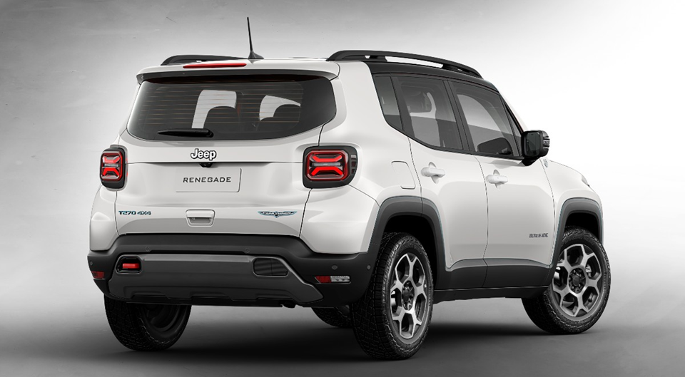 Vista traseira de um Jeep Renegade seminovo branco, destacando lanternas quadradas e design robusto.