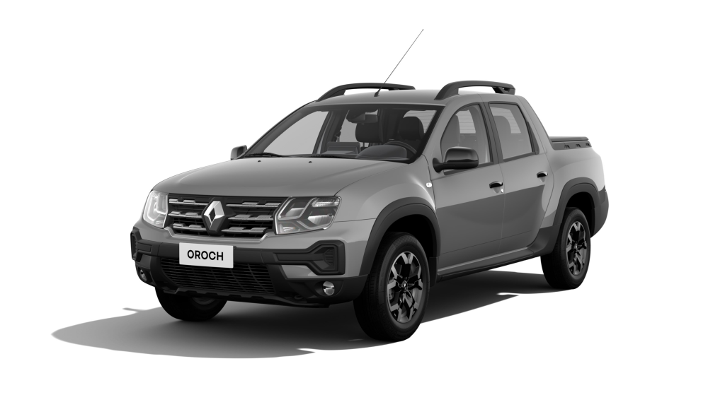 Renault Oroch cinza em estúdio, vista lateral em destaque, com iluminação ressaltando as linhas da carroceria.