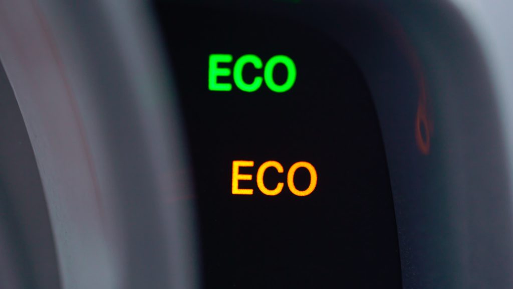 ECO pictogram sign at car dashboard. Ecological drive mode in automobile turn on and off. Green and yellow active system, gasoline and diesel economy. Electric vehicle, alternative fuel, hybrid auto.