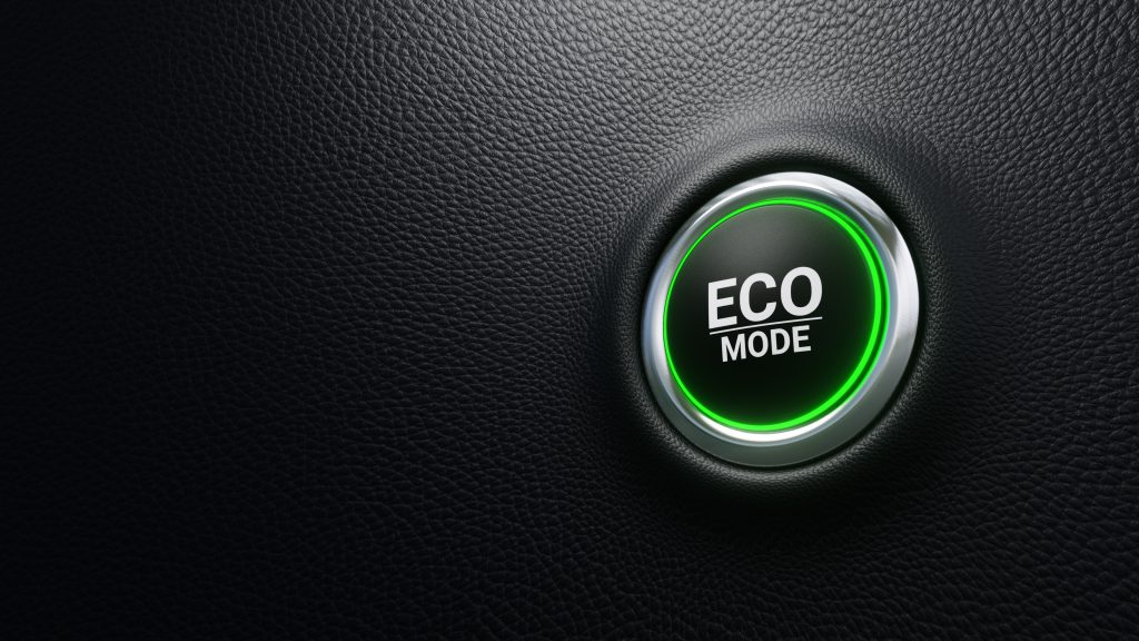 ECO mode push button. Moden ECO button with green light. automotive energy saving system concept. 3d illustration